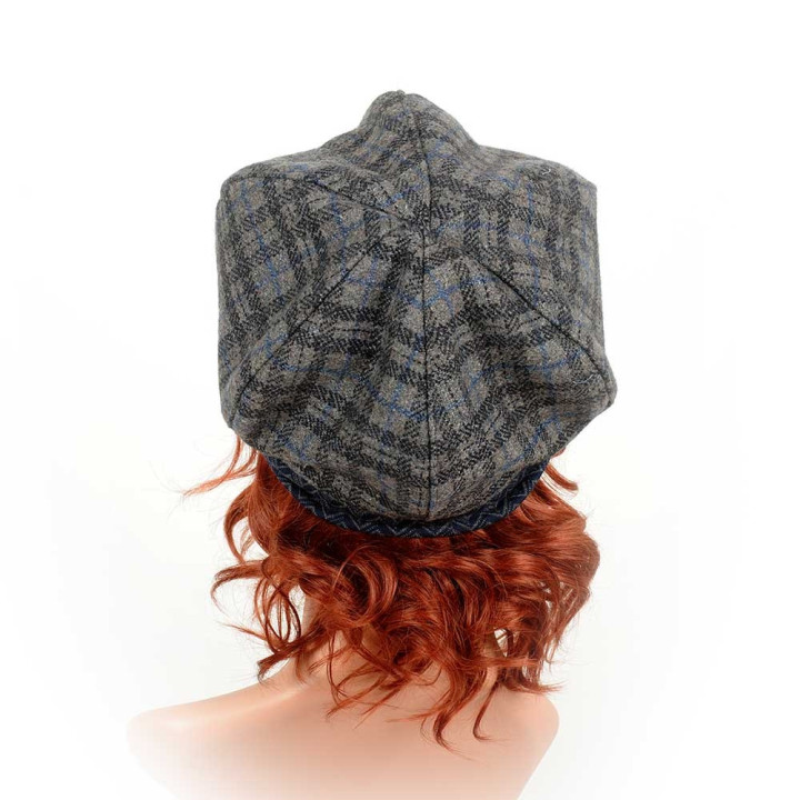 Grey, black and blue plaid wool beret hat