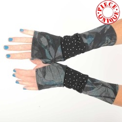 Long jersey armwarmers in a patchwork of grey print and white dots
