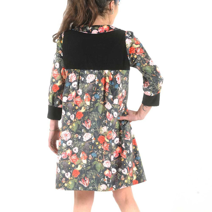 Black dress with pockets, floral velvet and black babycord
