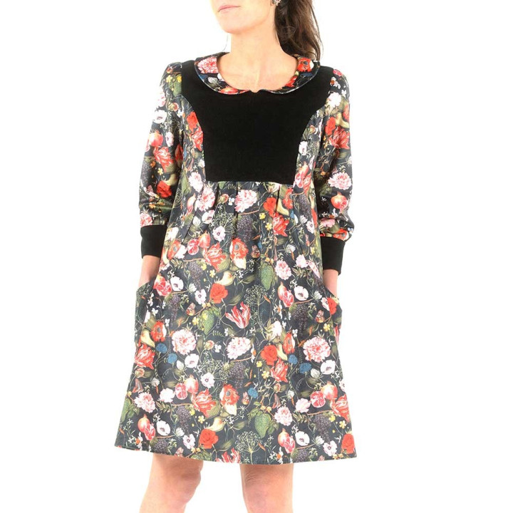 Black dress with pockets, floral velvet and black babycord