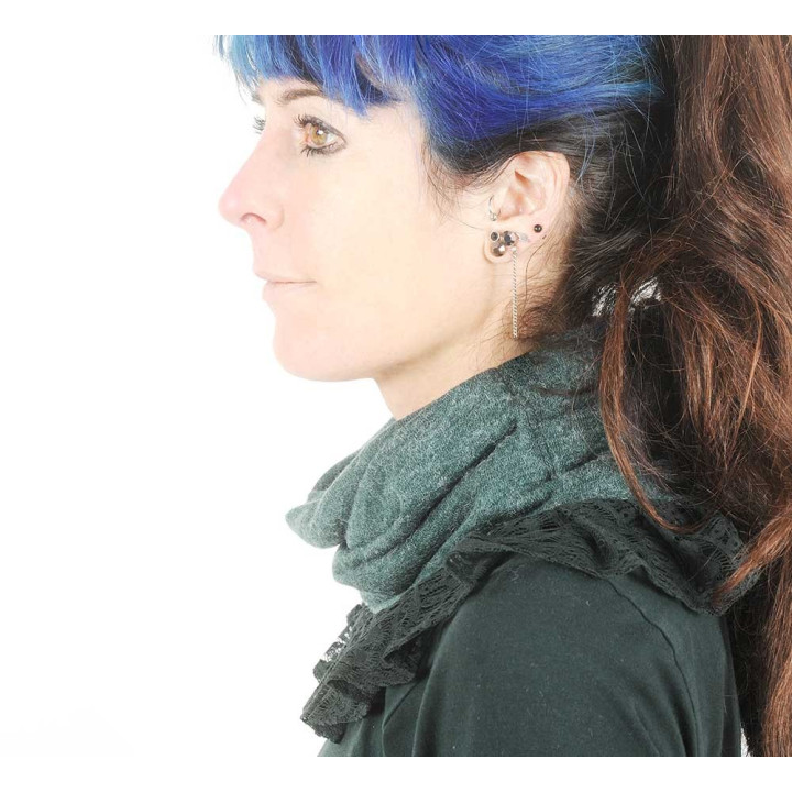 Dark green knit pleated snood with lace ruffles