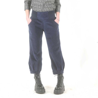 Pantalon femme 4/5 velours côtelé bleu marine, ceinture jersey
