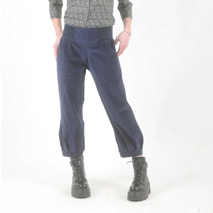 Pantalon femme 4/5 velours côtelé bleu marine, ceinture jersey