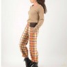 Womens 70s linen checkered pants, stretchy jersey belt