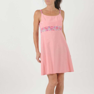 Short pink dress with straps, floral details