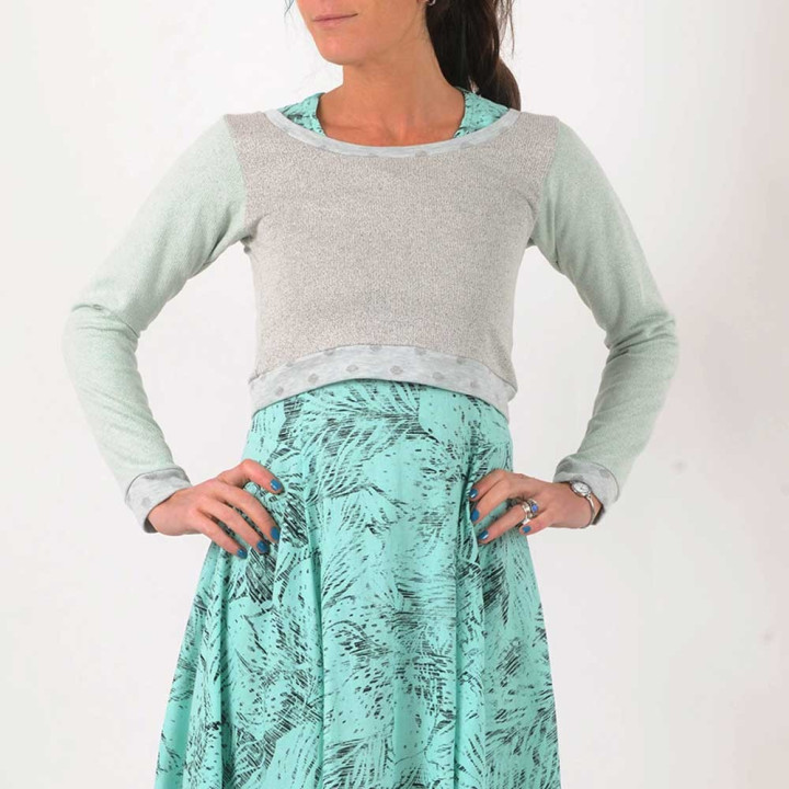 Pale grey and mint green cotton knit cropped sweater