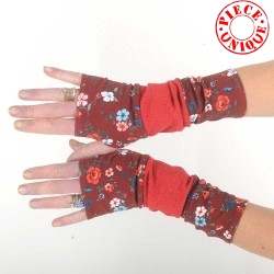 Colorful armwarmers in a patchwork of floral and sparkly red jersey