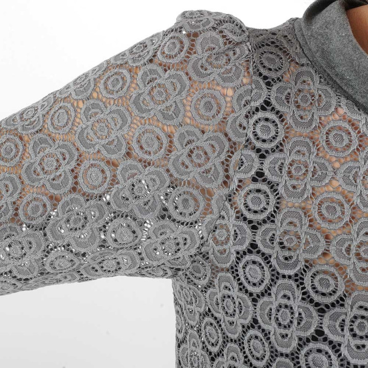 Sheer grey lace blouse with boat cowl