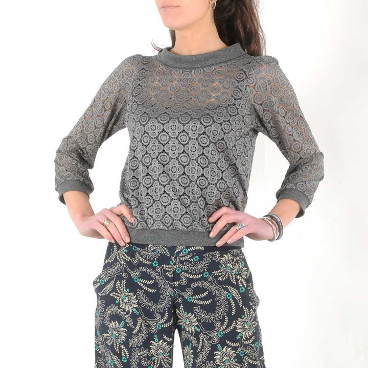 Blouse dentelle fabriquée en France créateur femme grise, col bateau