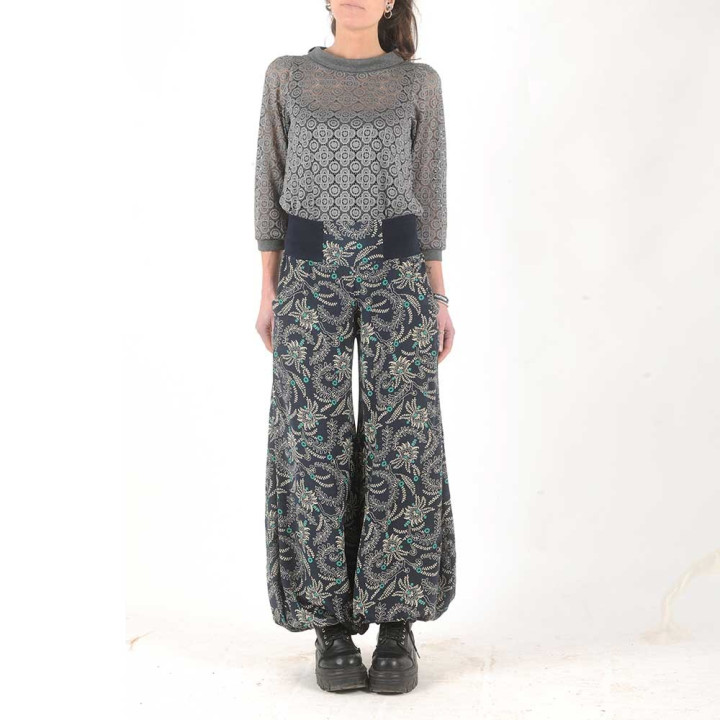 idée cadeau pour femme Pantalon femme long bouffant, marine imprimé floral