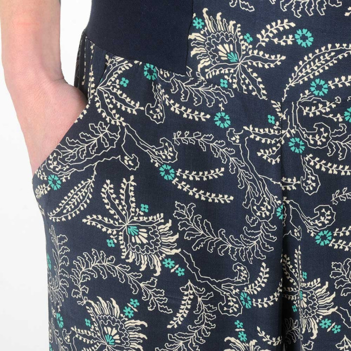 Womens long supple puffy pants, navy floral print
