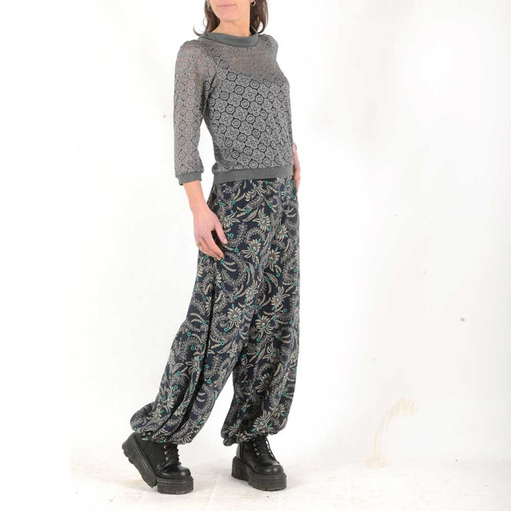 Womens long supple puffy pants, navy floral print