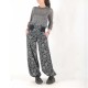 Pantalon femme long bouffant, marine imprimé floral