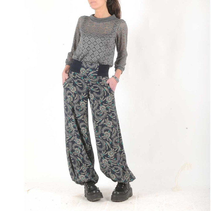 Pantalon femme long bouffant, marine imprimé floral
