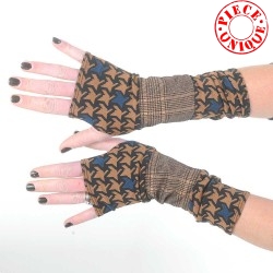 Camel, black and lurex armwarmers, houndstooth and prince of Wales