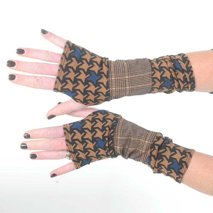 Mitaines fabriqué en France créateur femme camel noir et lurex, pied de poule et prince de galles