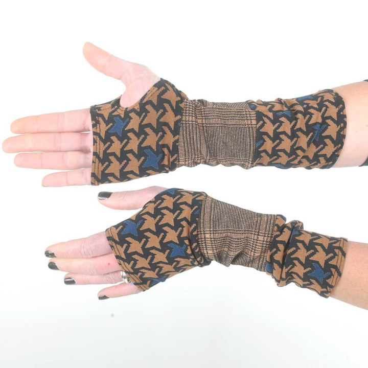 Mitaines fabrication artisanale camel noir et lurex, pied de poule et prince de galles