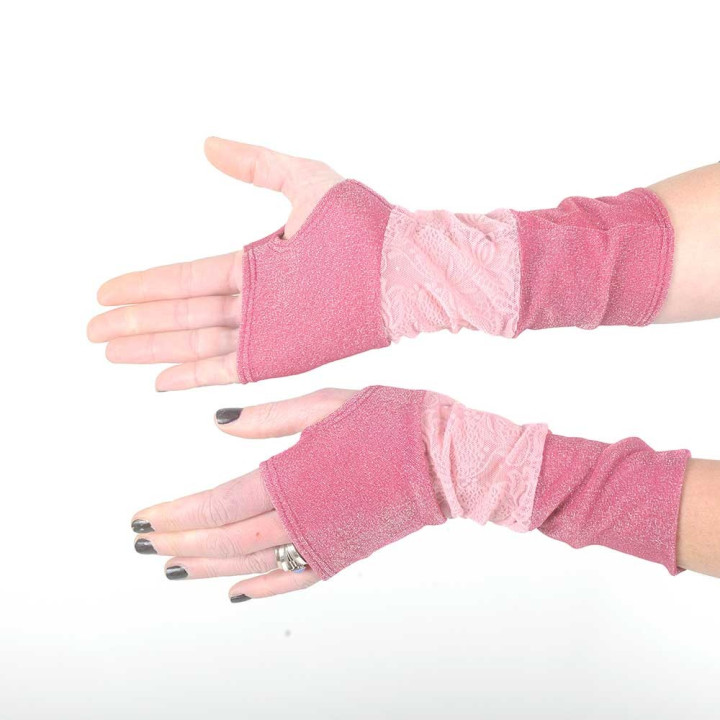 Pink patchwork armwarmers, solid and glittery jersey