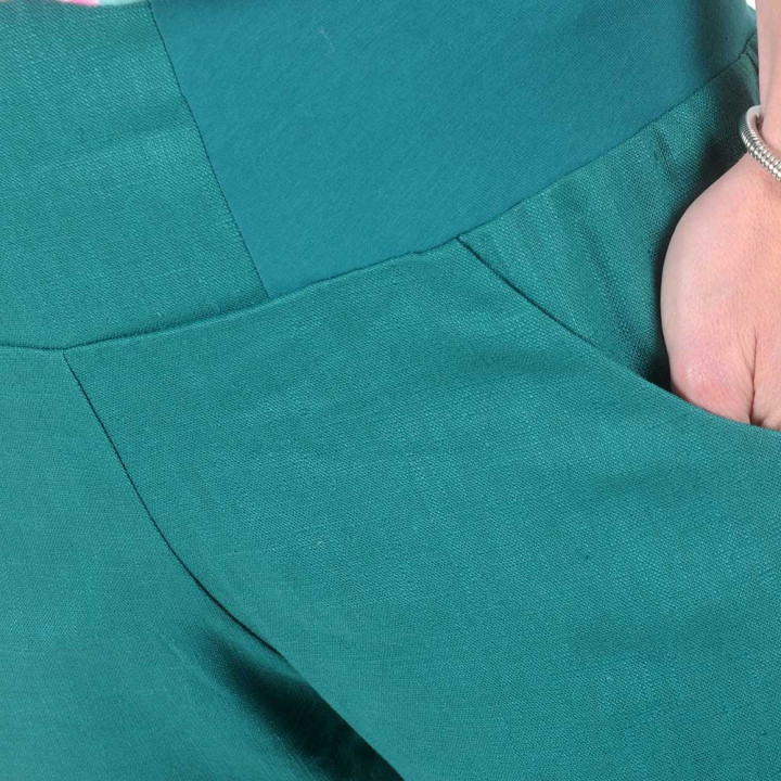 Womens puffy pants in solid green-blue linen