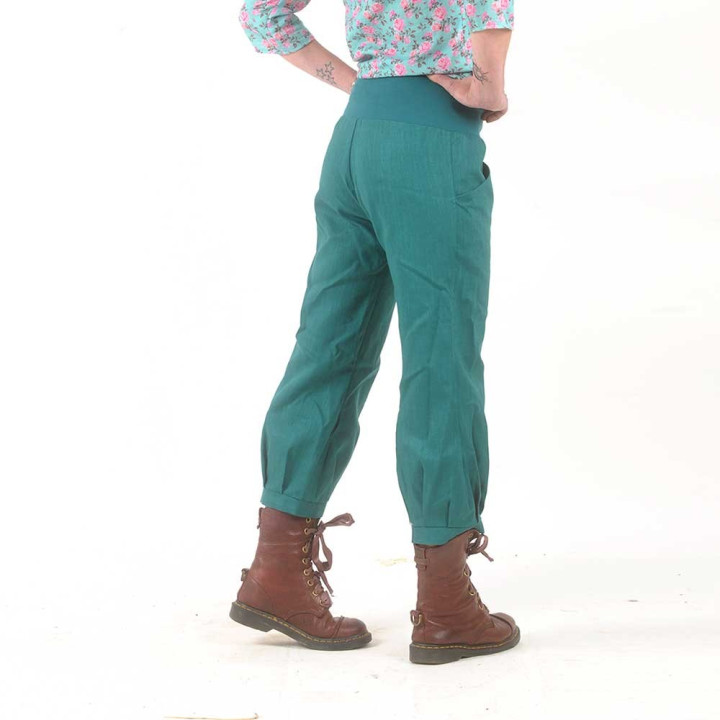 Pantalon femme 4/5 en lin uni bleu canard