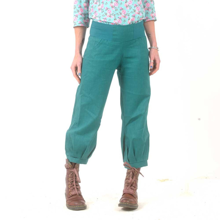 Pantalon femme 4/5 en lin uni bleu canard