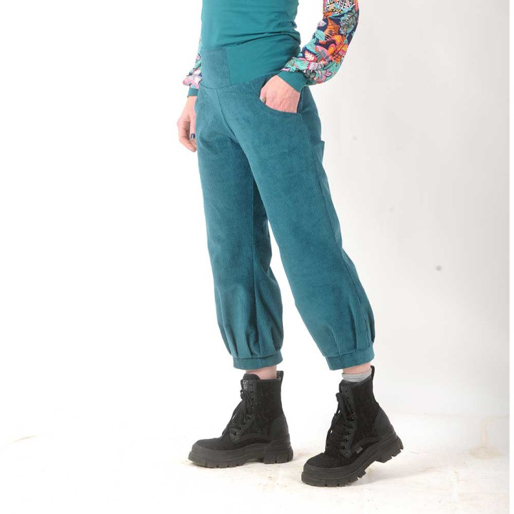 Womens teal blue corduroy pants with jersey belt