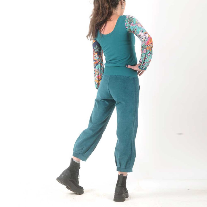 Womens teal blue corduroy pants with jersey belt