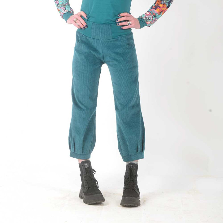 Womens teal blue corduroy pants with jersey belt