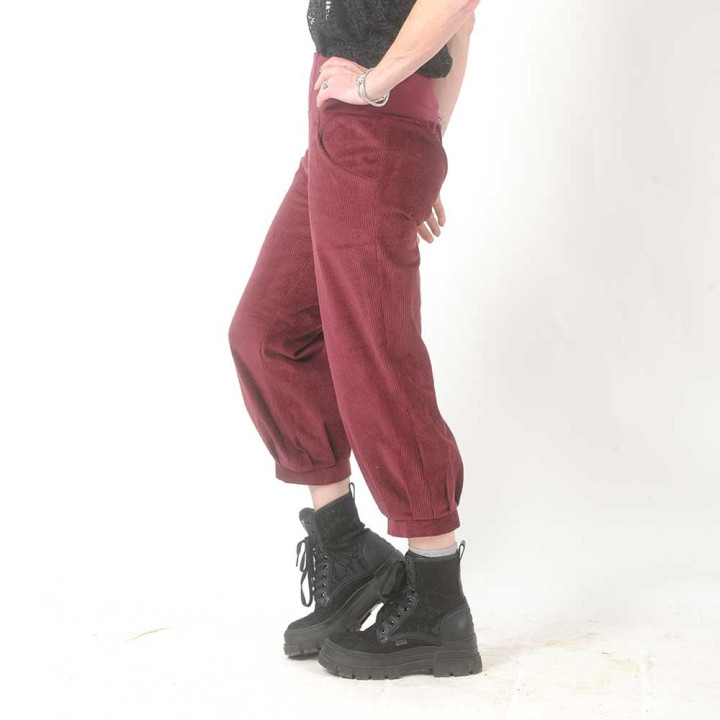 Womens crimson red corduroy pants with jersey belt