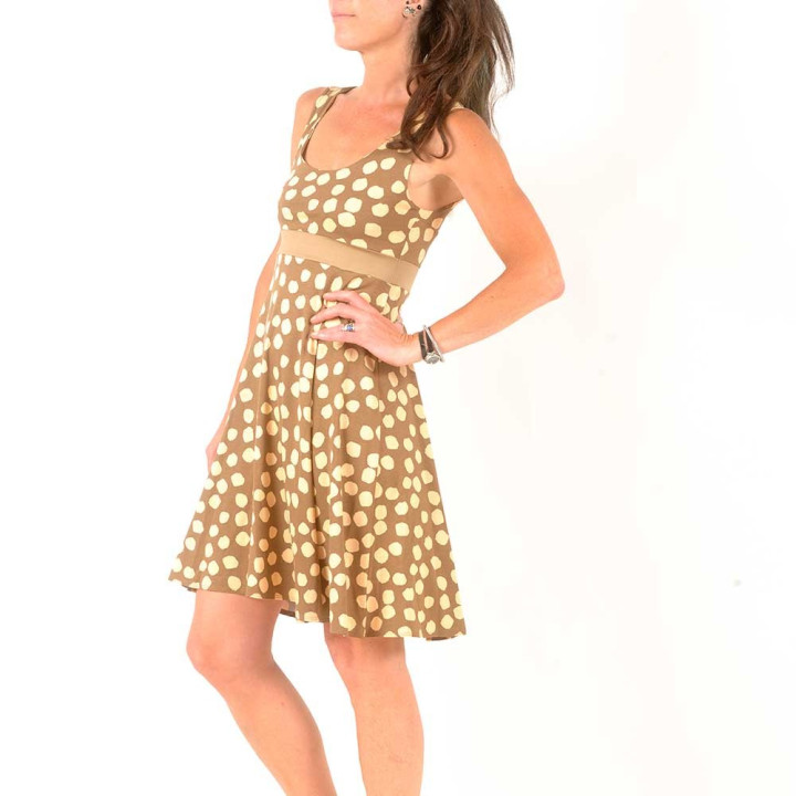 Short camel brown jersey sleeveless dress with big dots