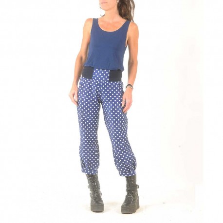 Pantalon femme bouffant coton vintage bleu pois blancs