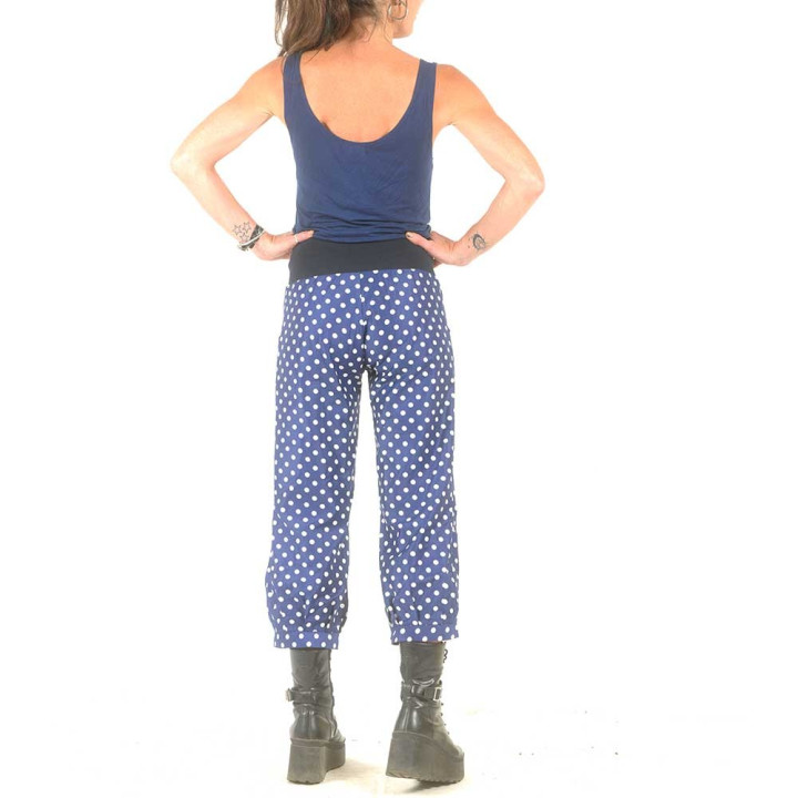 Blue and white womens puffy pants, polka dots vintage cotton