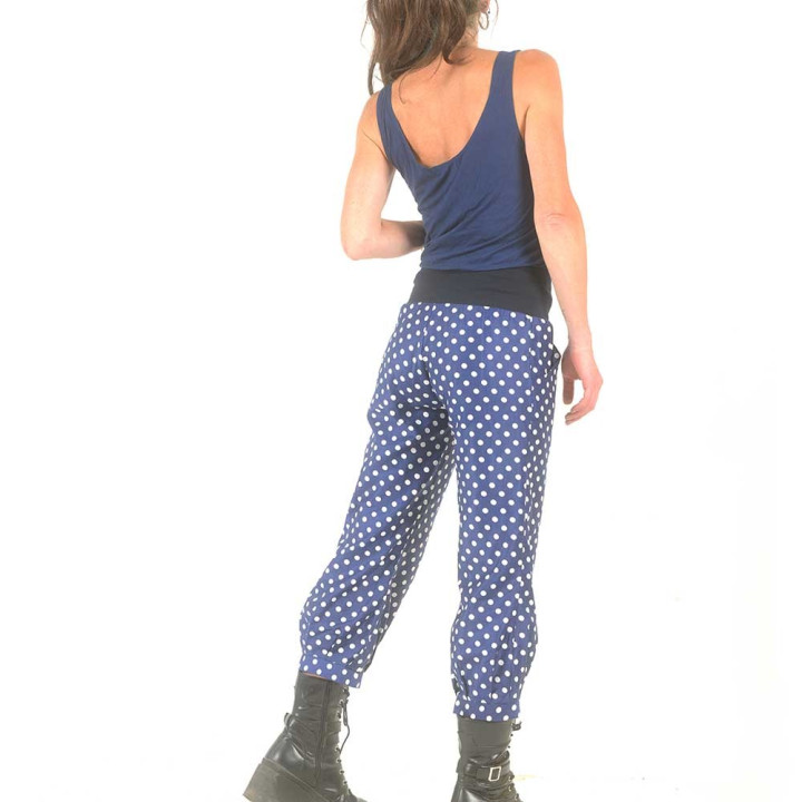 Blue and white womens puffy pants, polka dots vintage cotton