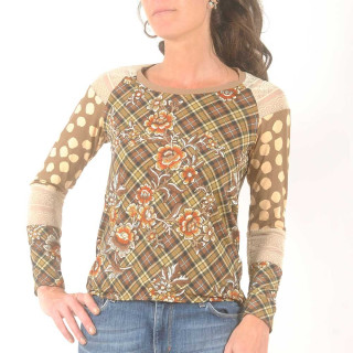 Top femme camel et beige, patchwork de jersey et dentelle