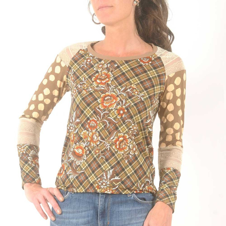 Camel and beige womens top, floral jersey patchwork