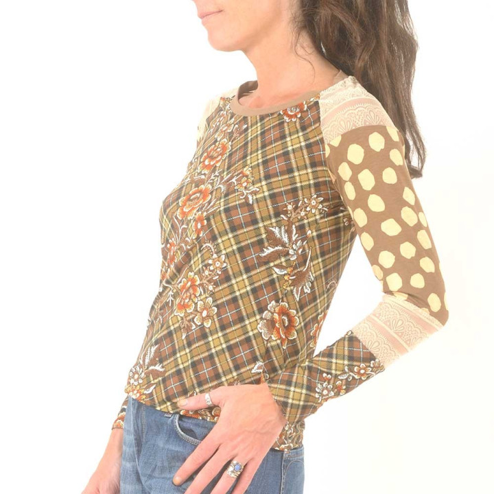 Top femme camel et beige, patchwork de jersey et dentelle