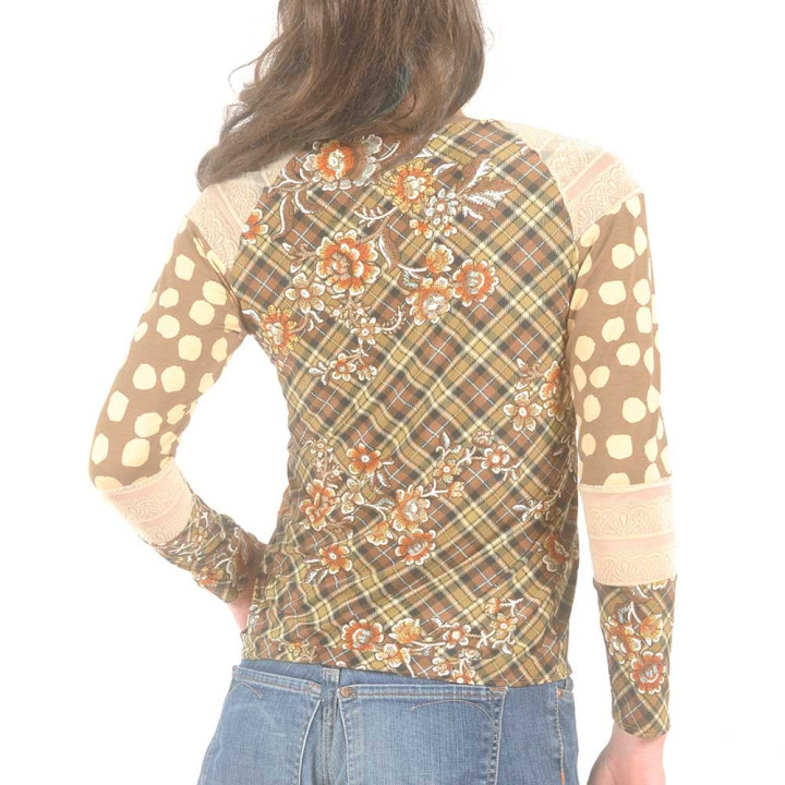 Top femme camel et beige, patchwork de jersey et dentelle