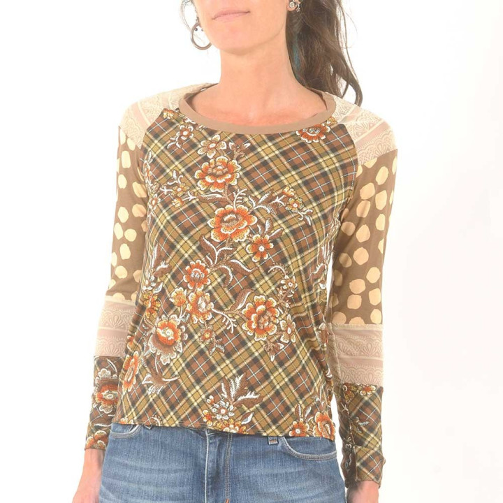 Camel and beige womens top, floral jersey patchwork
