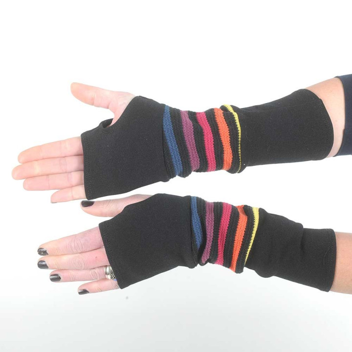 Black armwarmers with multicolored stripes