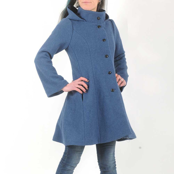 Manteau d'hiver femme couleur bleu jean à Capuche ronde en laine