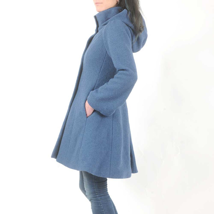 Manteau d'hiver femme couleur bleu jean à Capuche ronde en laine