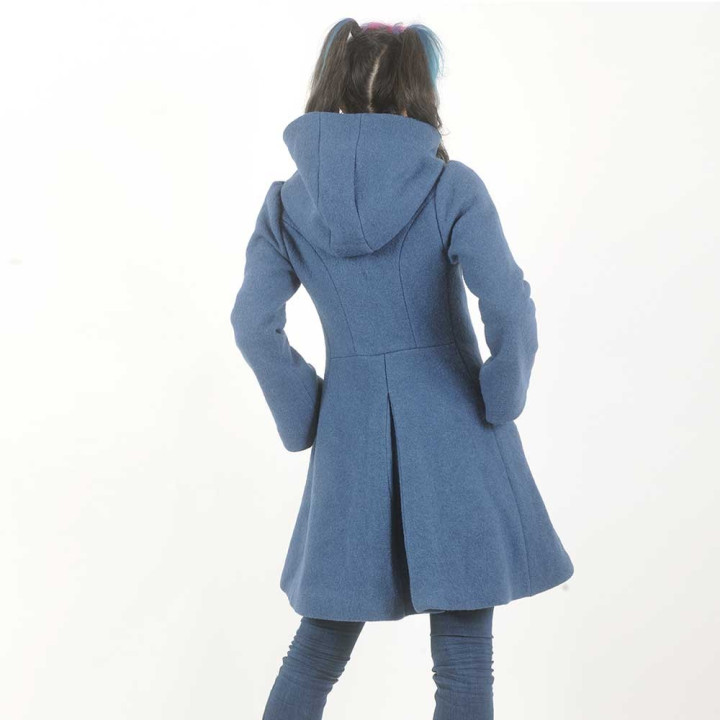 Manteau d'hiver femme couleur bleu jean à Capuche ronde en laine