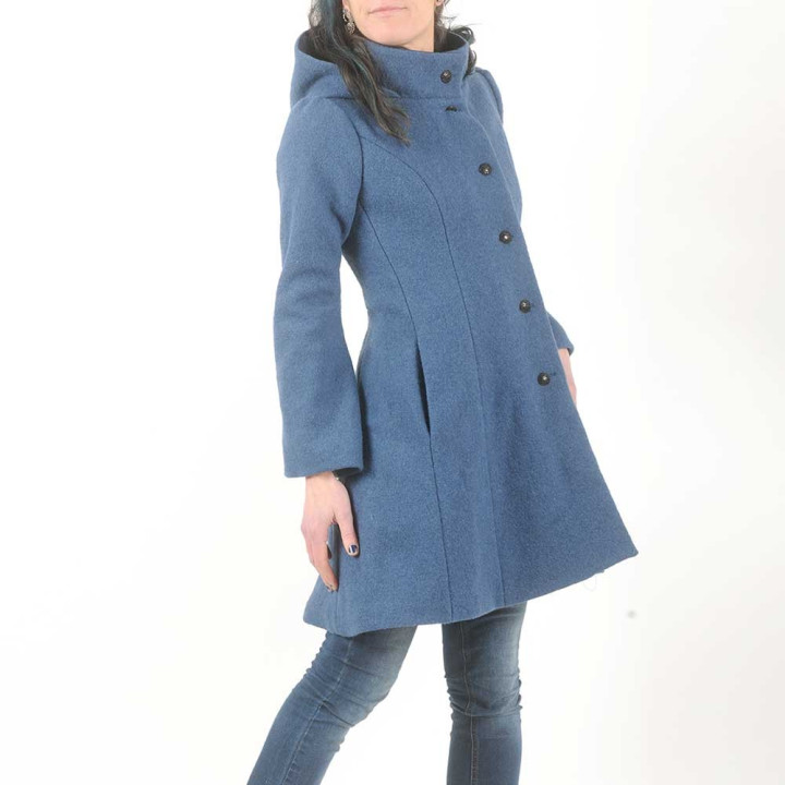 Manteau d'hiver femme couleur bleu jean à Capuche ronde en laine
