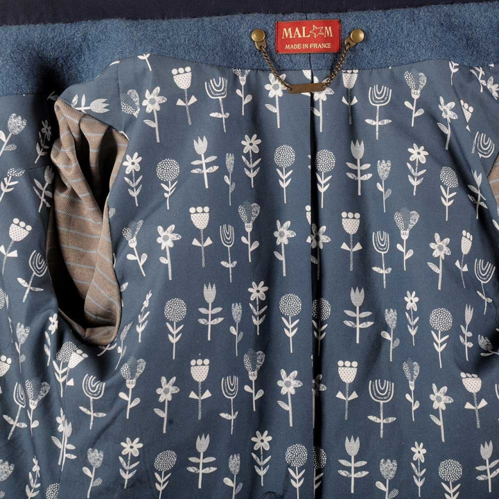 Manteau d'hiver femme couleur bleu jean à Capuche ronde en laine