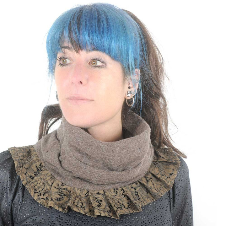 Brown wool knit pleated snood with lace ruffles