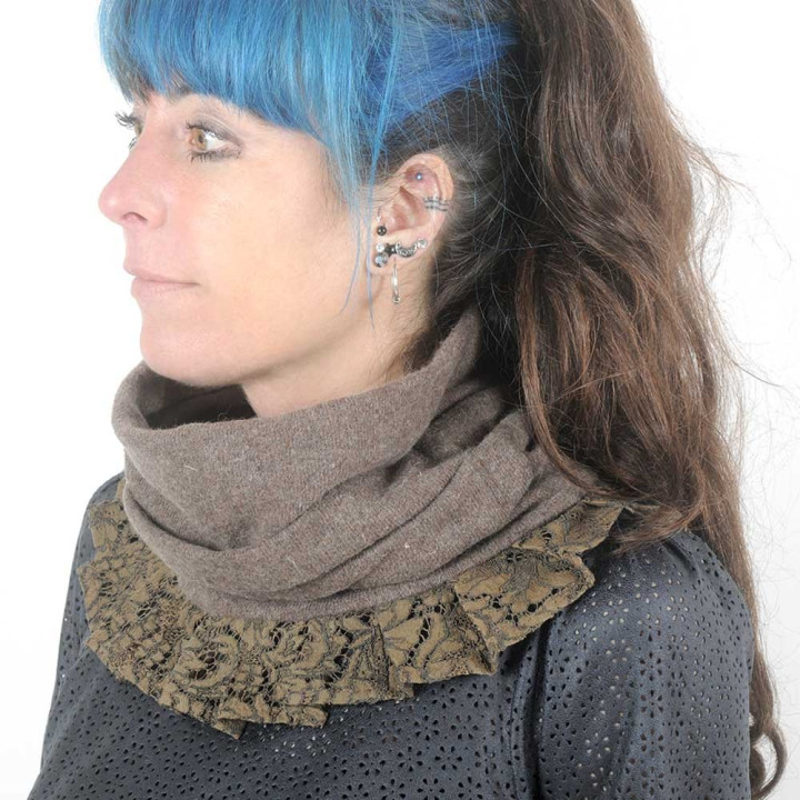 Brown wool knit pleated snood with lace ruffles