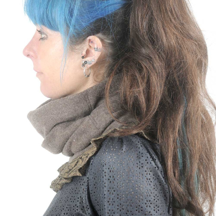 Brown wool knit pleated snood with lace ruffles