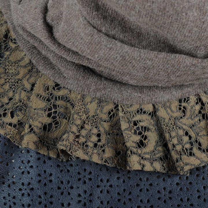 Brown wool knit pleated snood with lace ruffles