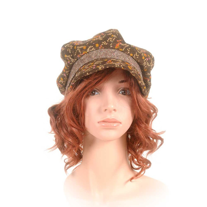 Floral newsboy cap hat, vintage brown babycord