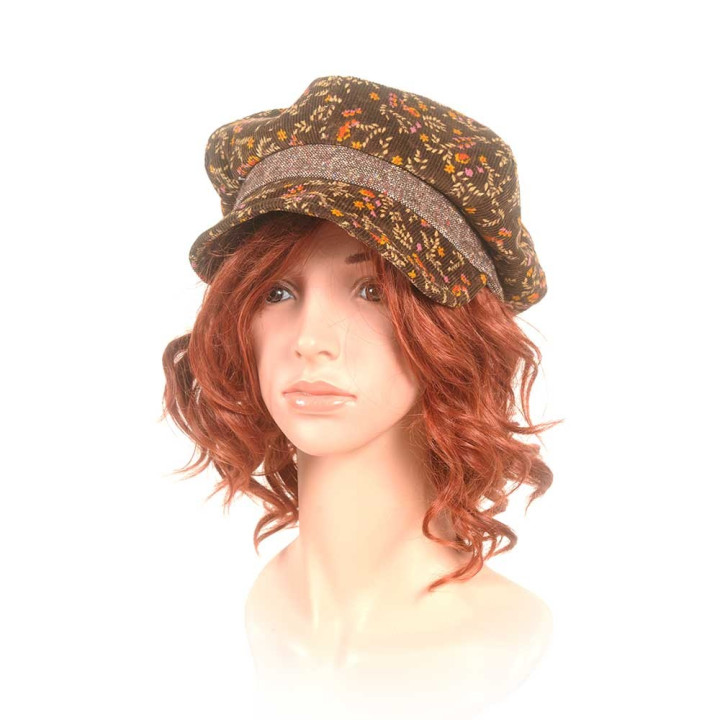 Casquette gavroche velours vintage marron fleuri